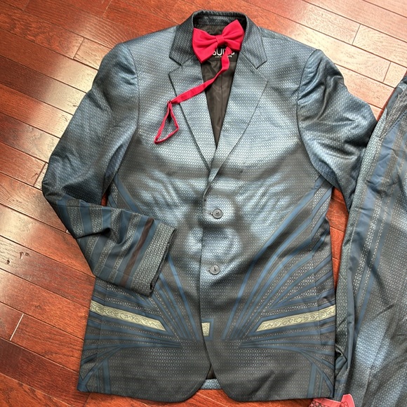 Superman 2 pc Suit Blazer 38 pants 34 need hemming bow tie Halloween costume - Picture 6 of 11